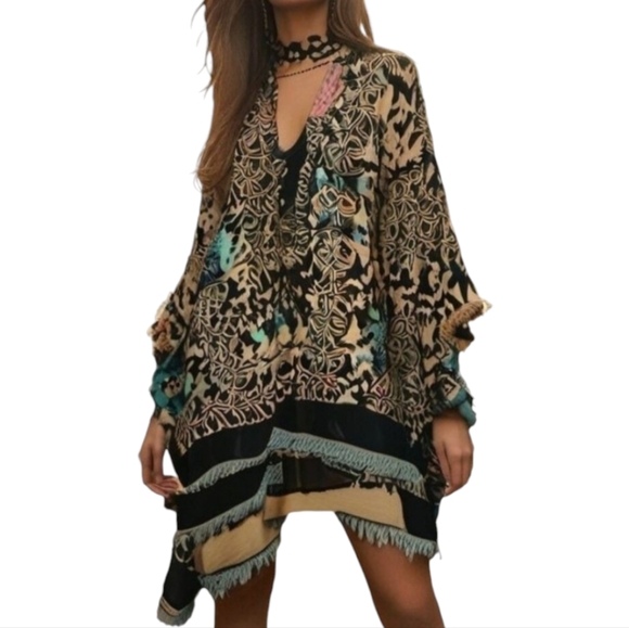 Bay Sky Poncho Abstract Print Fringe Open Front Cardigan Multicolor One Size - Picture 3 of 11